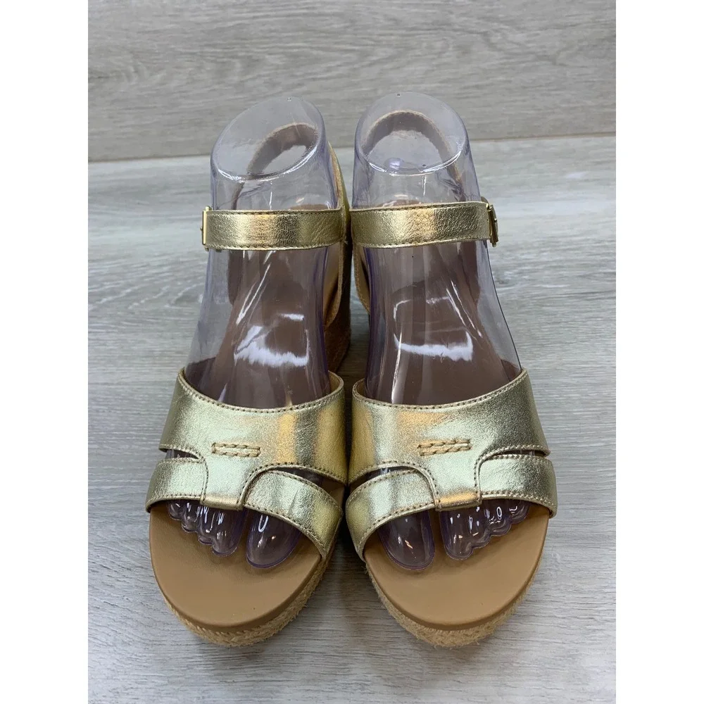 UGG Yarrow Women's Metallic Gold Leather Cork Espadrille Wedge Sandals 7